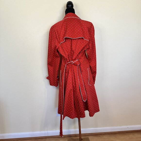 Bandolino Womens Trench Coat Red Polka Dot Belted Waist Large Retro Jacket - Picture 6 of 10